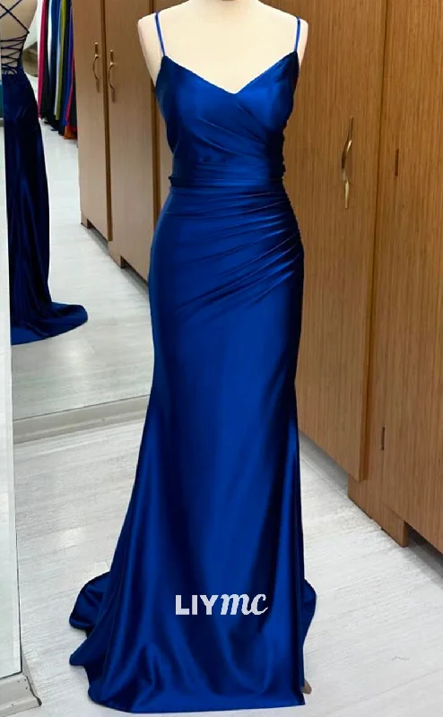 Exquisite Craftsmanship LP2256 - V-Neck Spaghetti Straps Pleated Sleek Satin Sheath Cocktail Dress Prom Dress