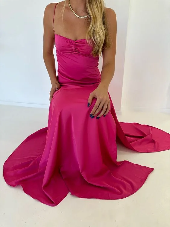 Crazy Price Slashing Sexy A line Straps Sleeveless Party Dress Hot Pink Side Slit Prom Dress        S6120