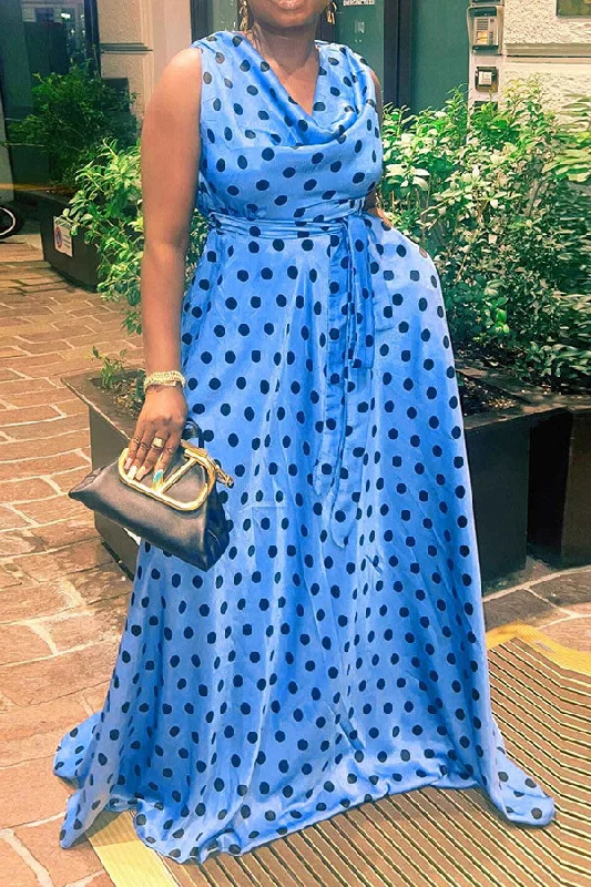 Elevate Your Wardrobe Polka Dot Cowl Neck On-trend Belted Maxi Dress