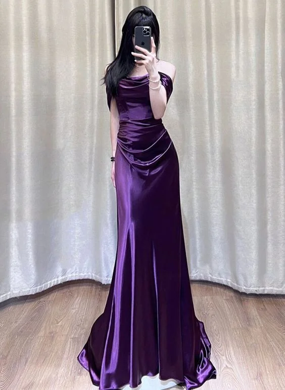 Formal Outfit Purple Satin Off Shoulder Long Evening Dress, Purple Satin Prom Dress      S5190