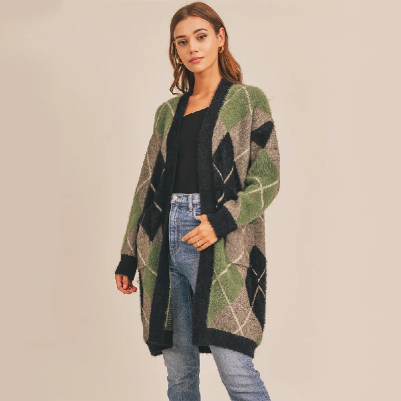 Limited Time Special Offer Fuzzy Plaid Jacquard Cardigan (Green Multi)