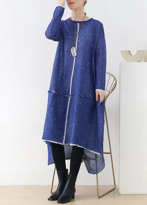 Limited - Time Bundle Women Blue O-Neck Pockets Fall Knit Dress