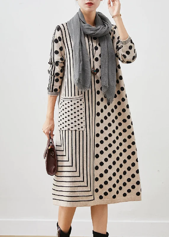 Season Sale Style Khaki Patchwork Print Knit Sweater Dress Fall