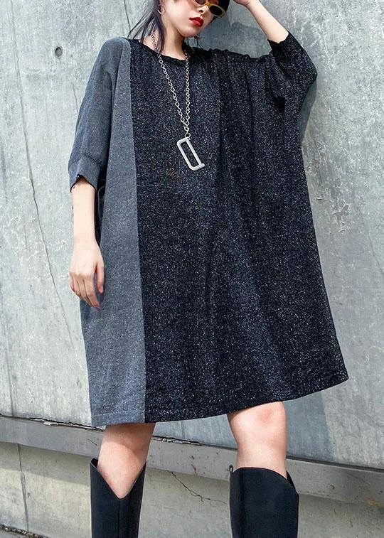 Spring Fashion Unique o neck Batwing Sleeve Cotton Tunic pattern black Dress