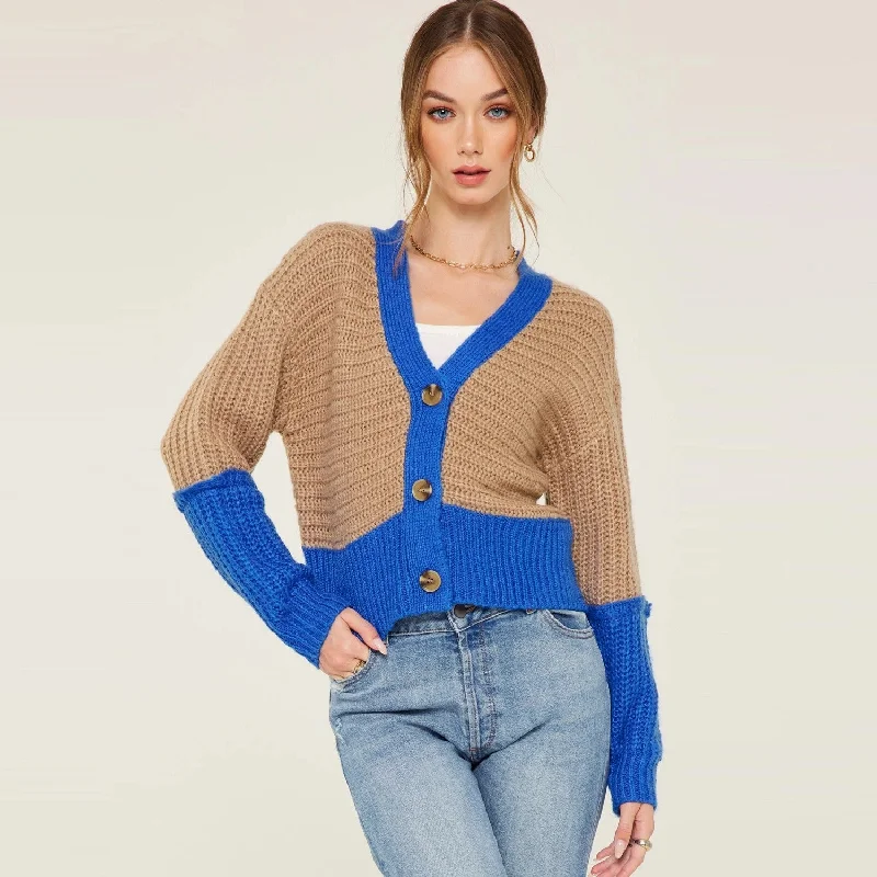 Best Seller Colorblock Button Down Cardigan (Camel Blue)