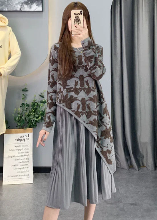 Bold Patterns Vintage Grey Asymmetrical Patchwork Knit Long Dresses Spring