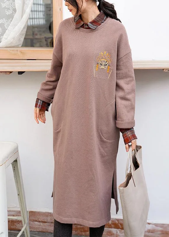 Evening Elegance Unique khaki cotton clothes o neck side open Dresses