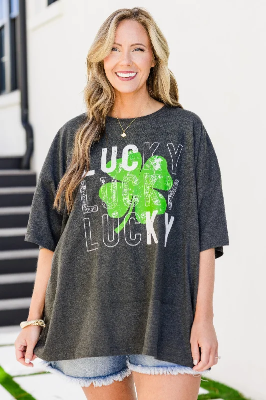 Dreamy Aesthetic So Much Luck Boyfriend Tee, Charcoal