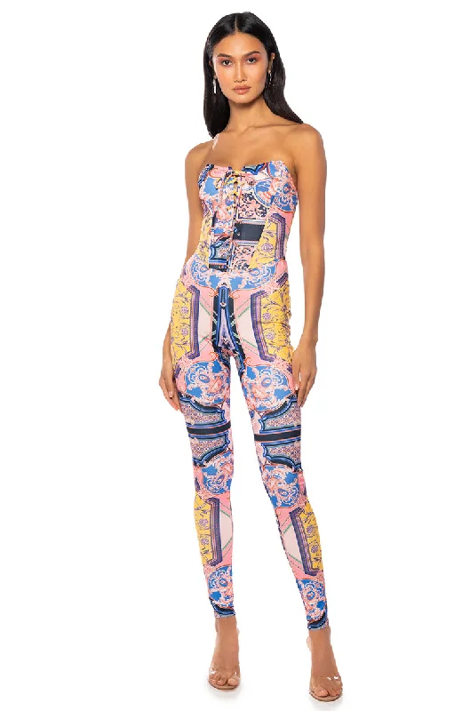 Elegant Styles UNMATCHED PATTERNED CORSET JUMPSUIT