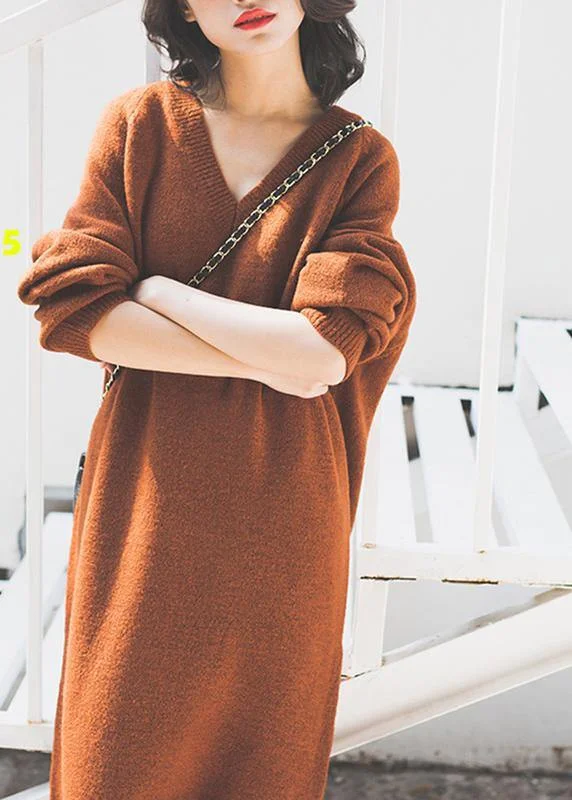 Seasonal Sale Vintage chocolate Sweater Wardrobes Street Style v neck baggy daily sweater dresses