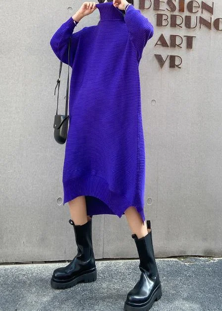 Spring Fashion Pullover blue Sweater dress outfit Street Style high neck low high design baggy fall knitted dress