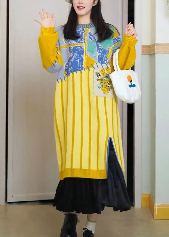 Stylish Women's Clothing Fashion Forward, Function First Cute Yellow O-Neck Striped Cotton Knit Maxi Dress Long Sleeve