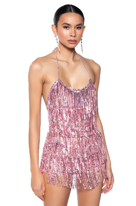 Trendy Women's Collection FLAPPER FRINGE ROMPER IN LIGHT PINK