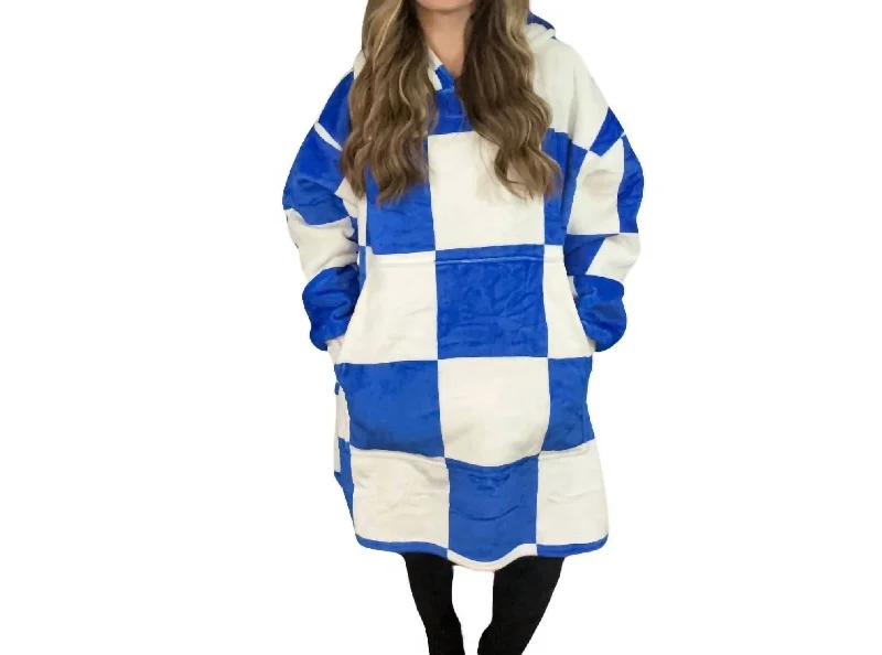 Rustic Countryside Charm Look Fan Fleece Blanket Sweatshirt In Blue & White Checkered