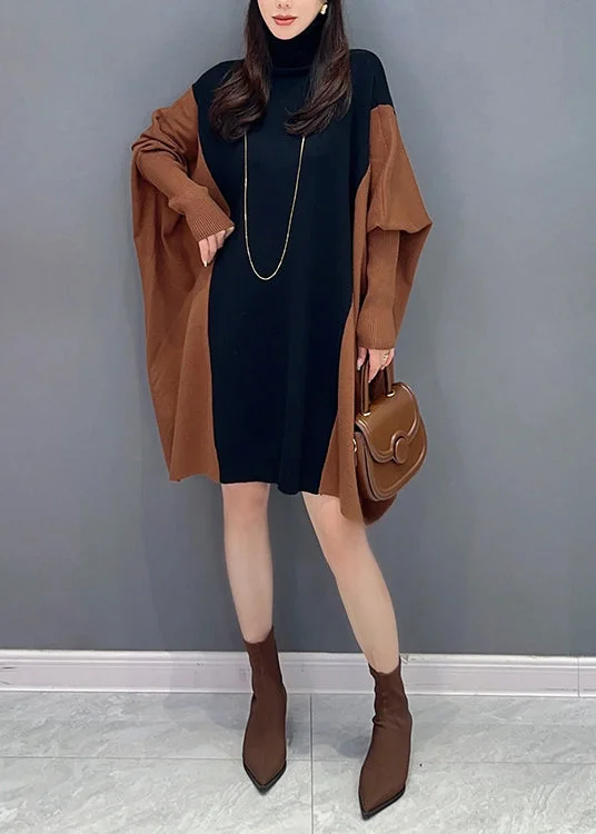 Budget-Friendly Fashion Casual Coffee Hign Neck Patchwork Cotton Mid Dress Batwing Sleeve