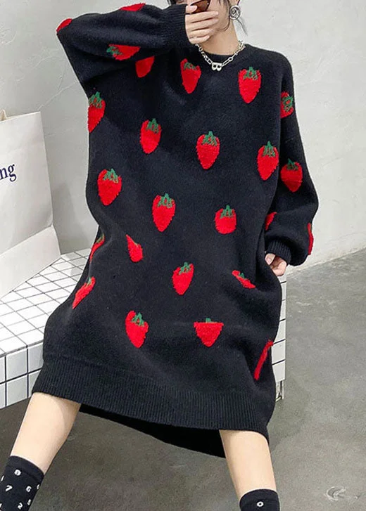 Y2K Nostalgic Fashion Look Plus Size Black O-Neck Print cozy Winter Knit Dress