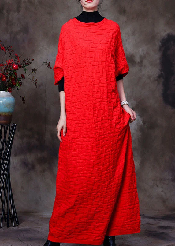 Casual Weekend Relaxed Style Boutique Red O-Neck Patchwork Knit Knit Sweater Dress Winter