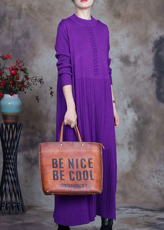 Ethnic Cultural Event Wear Plus Size Purple O-Neck Knit Sweater Dress Winter