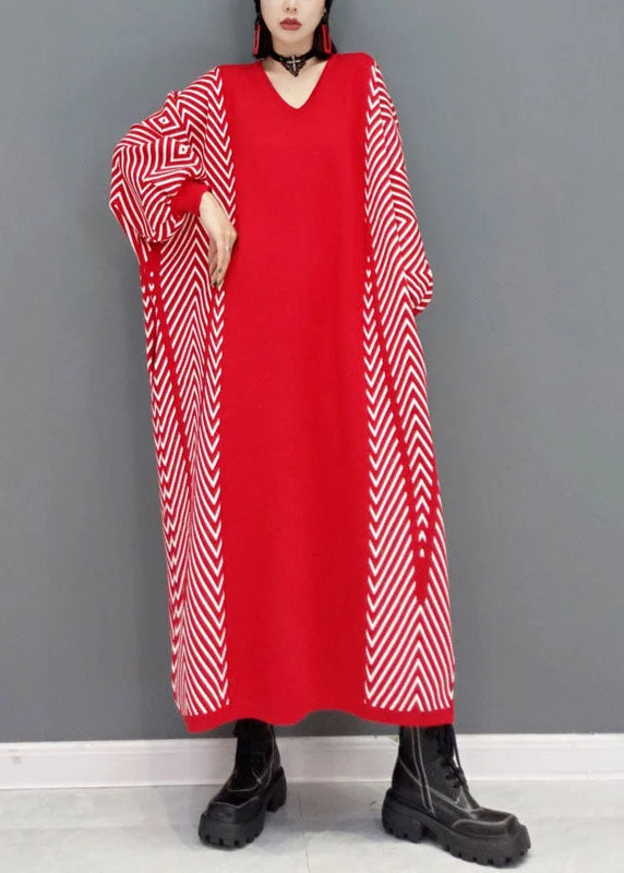 Graceful Drape Red Patchwork Knit Loose Holiday Dress Spring