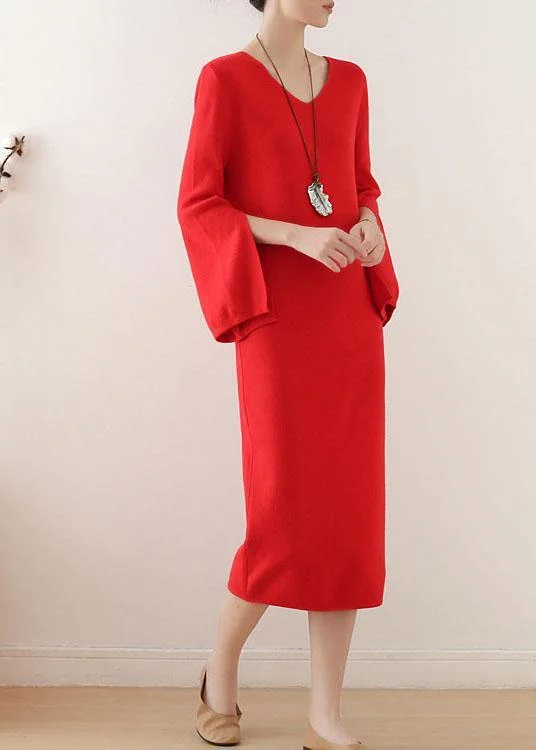 Last Chance Sale Simple Red V Neck Elegant Slim Fit Knitwear Dress