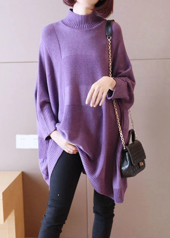 Limited - Stock Art Purple Turtleneck Solid Loose Fall Long Sweater