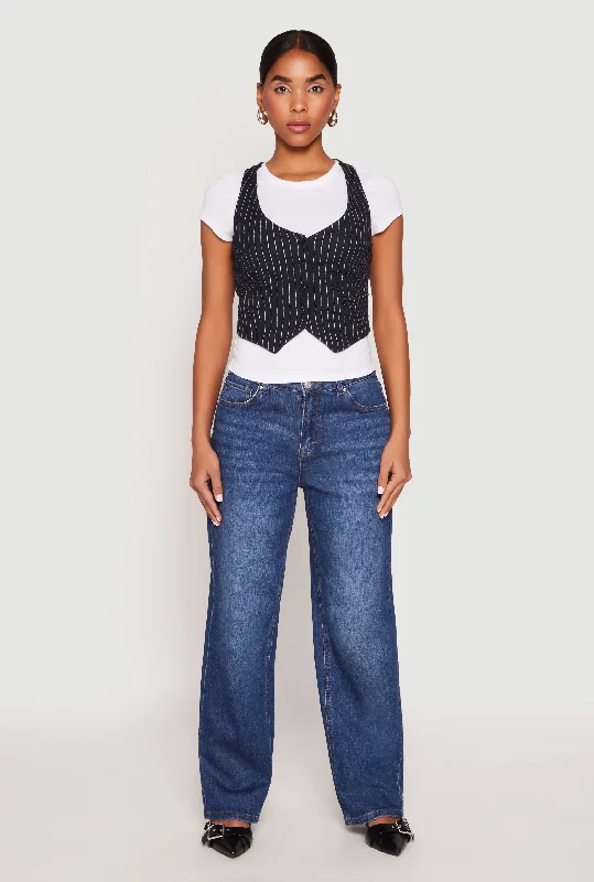 Style Revolution Madden Girl Short Sleeve Tee with Pinstripe Vest