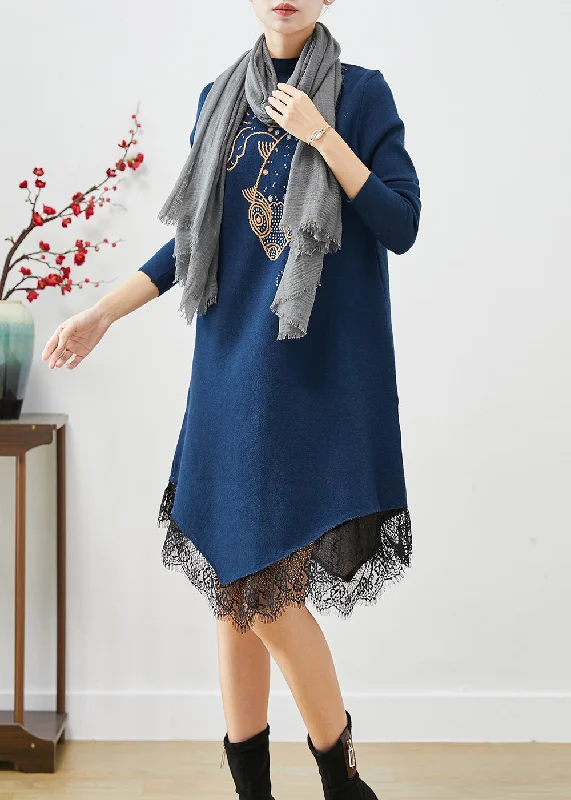 Formal Clothing For Women Elegant Attire For The Modern Lady Navy Patchwork Lace Knitted Dress Asymmetrical Print Fall