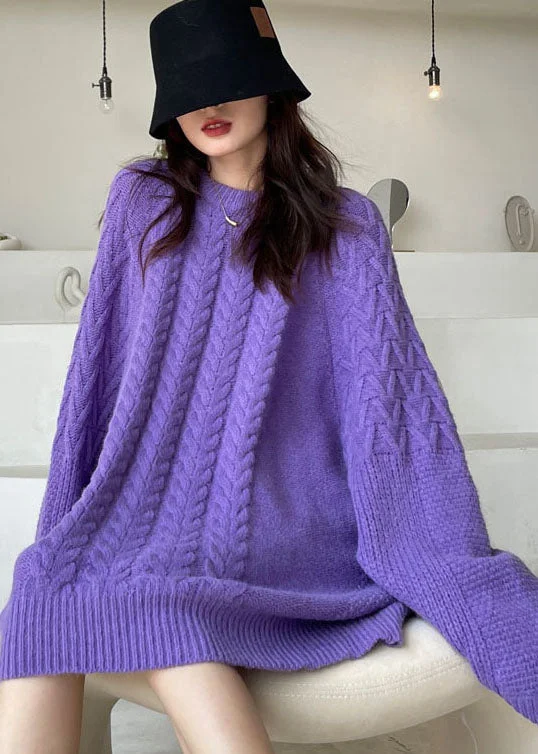 Dreamy Draping Plus Size Purple Casual Knit Sweater Dress Winter