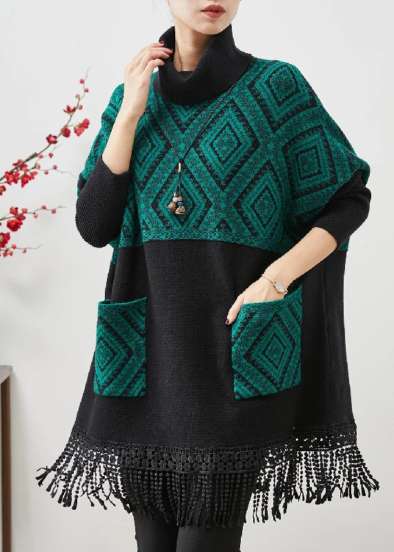 Premium Style Plus Size Peacock Green Tasseled Patchwork Knit Mid Dress Spring