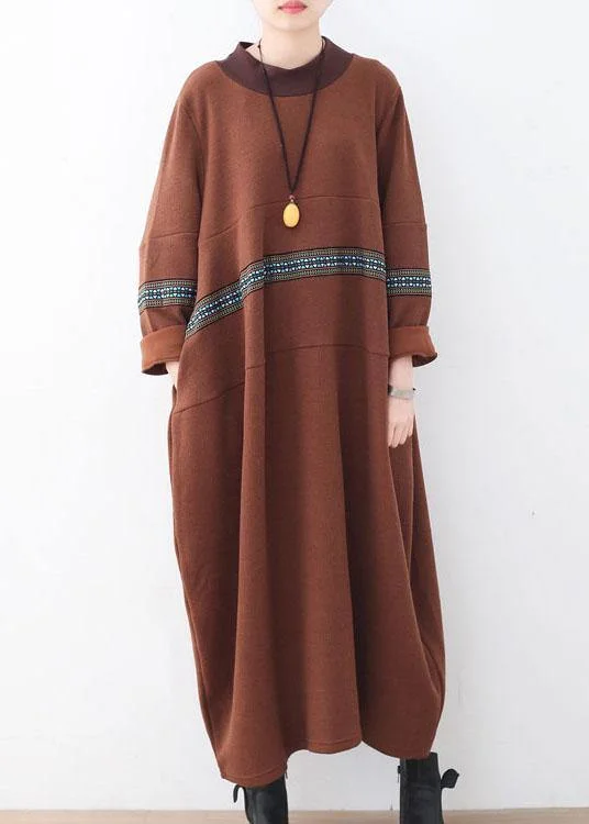 Clearance Event Classy Chocolate O-Neck Long Sleeve Loose Fall Cotton Dress