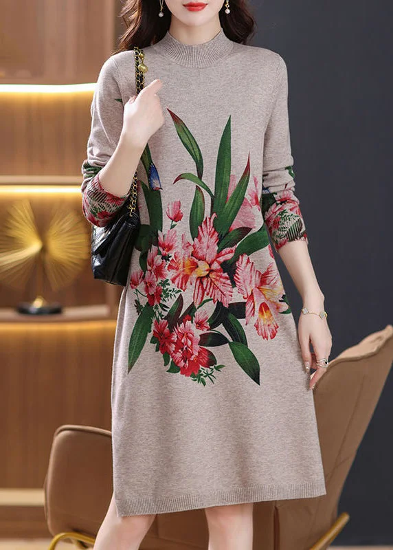 Urban Femme Streetwear Loose Camel Turtleneck Print Wool Knit Dress Long Sleeve