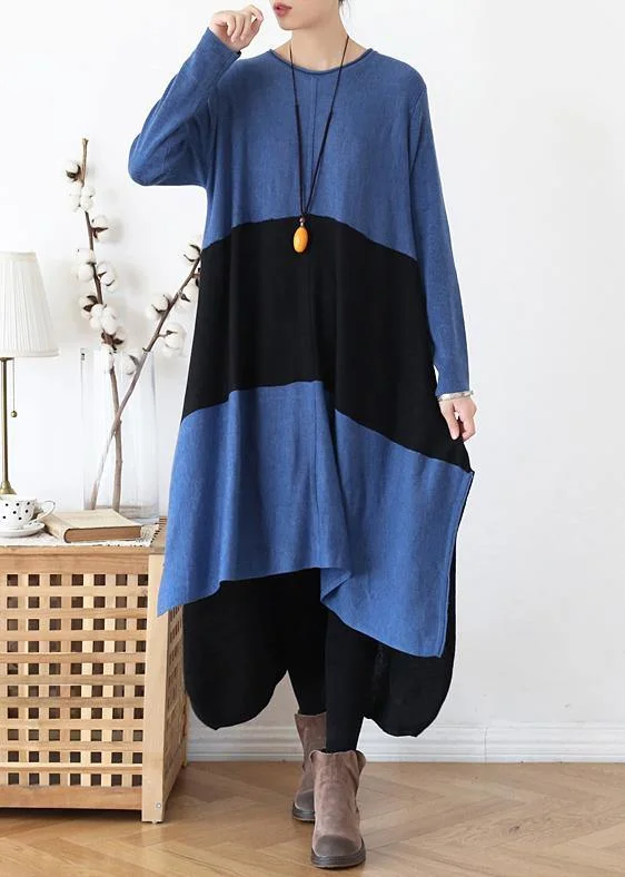 Chic Styles Knitted o neck patchwork Sweater fall weather Quotes blue tunic knitwear