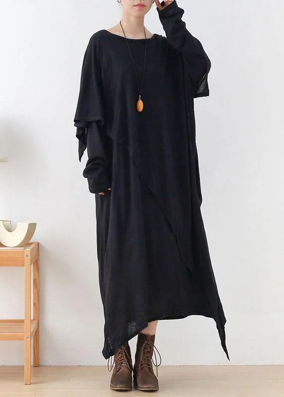 Holiday Sale DIY Black Loose Asymmetrical Design Fall Cotton Long Sleeve Dresses