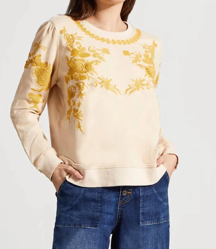 Elegant Attire For The Modern Lady French Terry Crew Neck Top With Embroidery In Moonstone