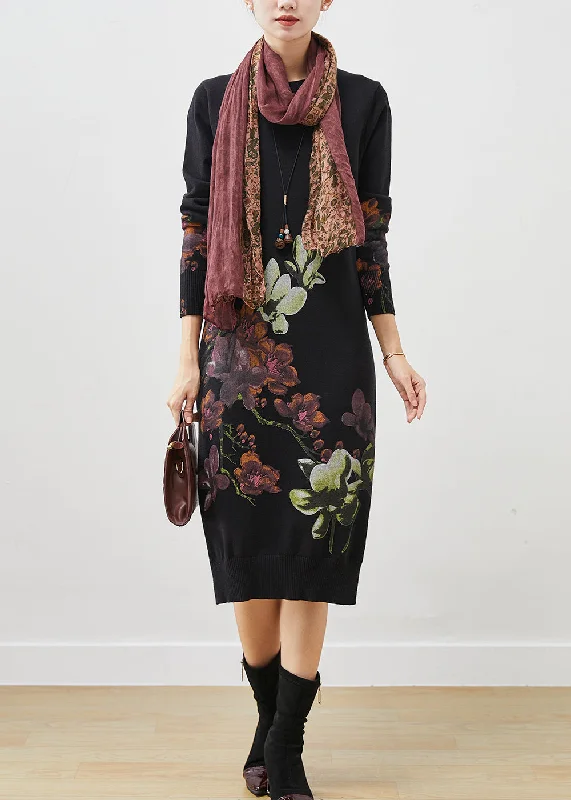 Limited Styles Silm Fit Black Print Side Open Long Knit Dress Spring