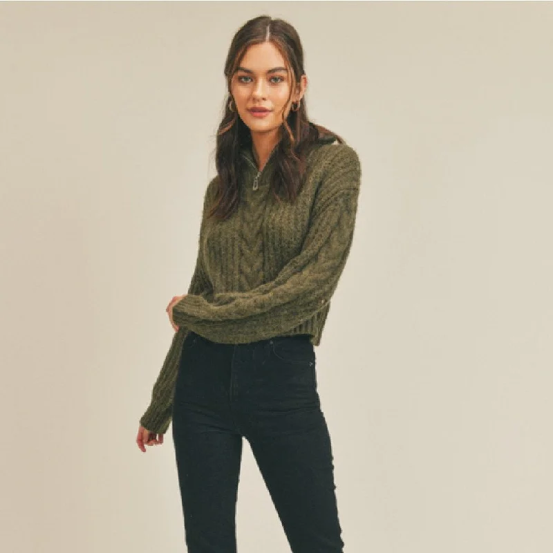 Find Your Unique Flair Cable Knit Half Zip Sweater (Moss)