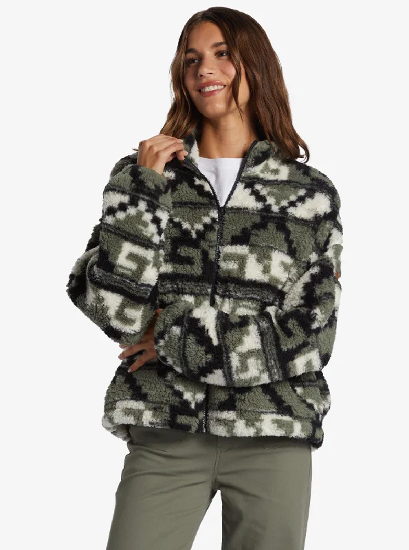 Fashion Essentials Off The Wave Sherpa Printed Full-Zip Fleece - Agave Green Taos Geo