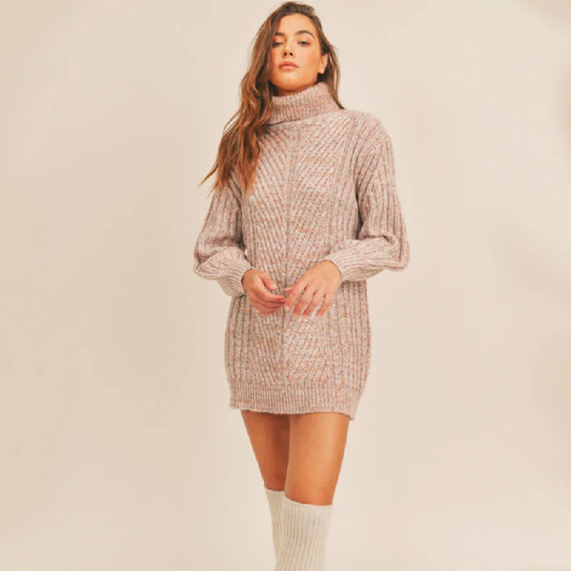 Athleisure Wear Promotion High Neck Balloon Sleeve Sweater Dress (Multi Colour + Cream)