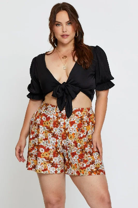 Flowing Silhouette Floral Print Pleated Shorts High Rise