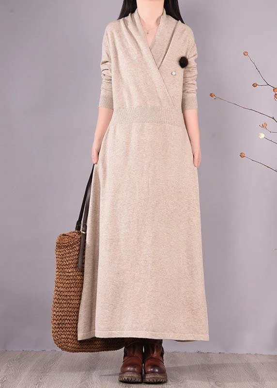 Spring Fling Sale Simple Beige Quilting Clothes V Neck Asymmetric Spring Dress