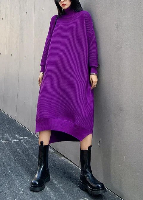 Budget-Friendly Fashion Chunky high neck low high design Sweater fall weather Upcycle purple oversized knitted dress