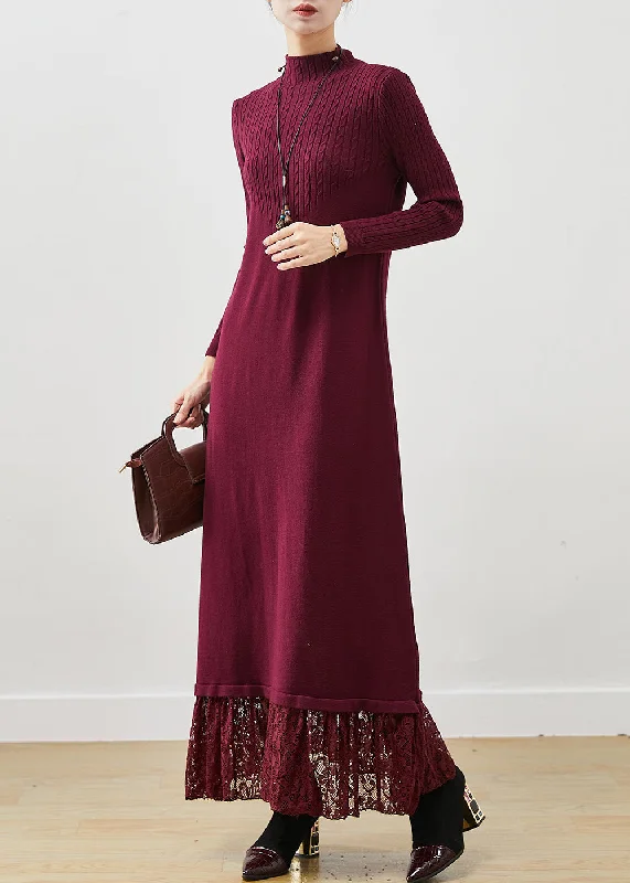 Fashion-Forward Stylish Mulberry Silm Fit Patchwork Lace Knitted Long Dress Spring