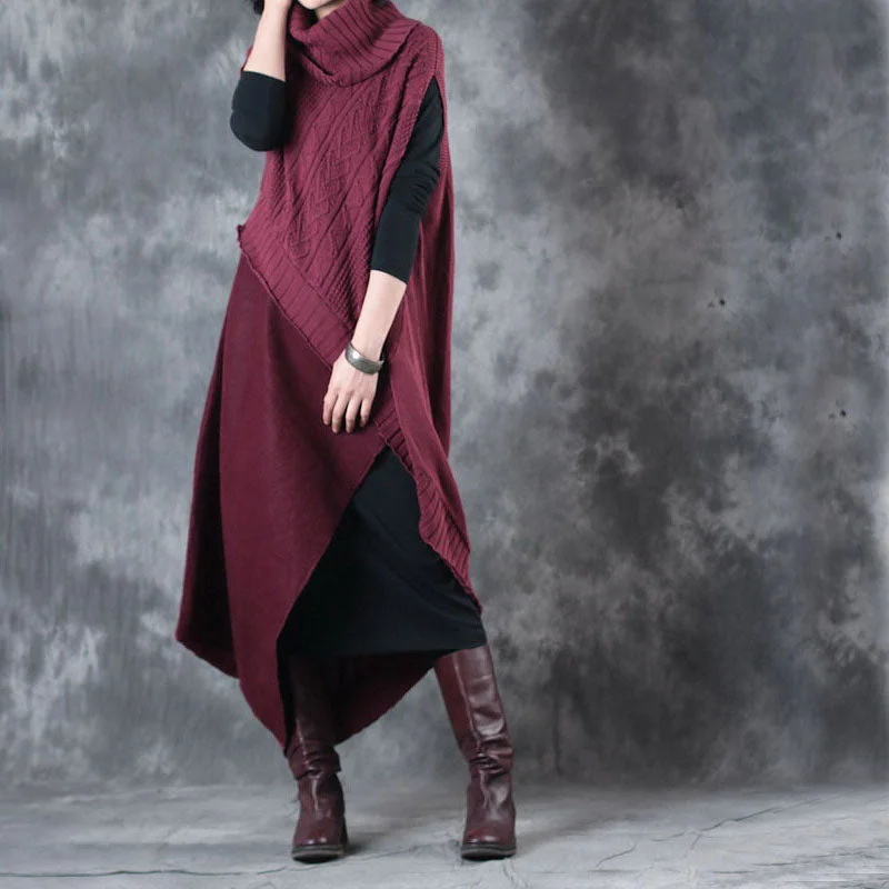 Mid - Season Sale Bohemian Mulberry Turtleneck Patchwork Asymmetrical Design Fall Two Pieces Set