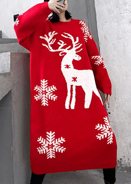 Final Clearance Natural Red Print Thick Loose Winter Knit Sweater Dress