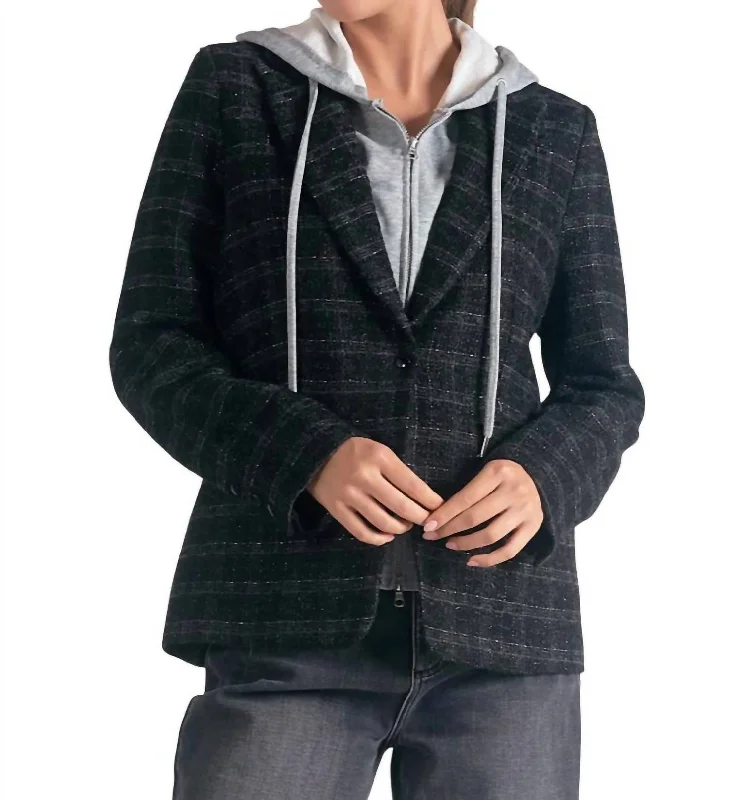 Elegant Ensemble Eliza Metallic Plaid Blazer With Hoodie In Black Silver Plaid