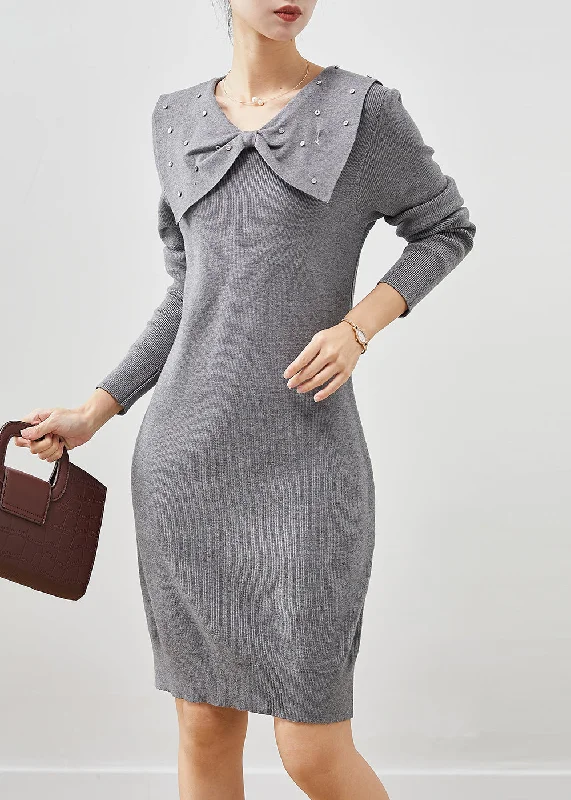 Save Big Beautiful Grey Butterfly Collar Silm Fit Knit Sweater Dress Spring