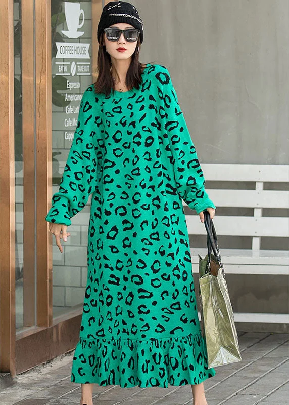 Feminine Soft - Hued Styles Organic Green Leopard Knit Fall Vacation Dresses Long Sleeve