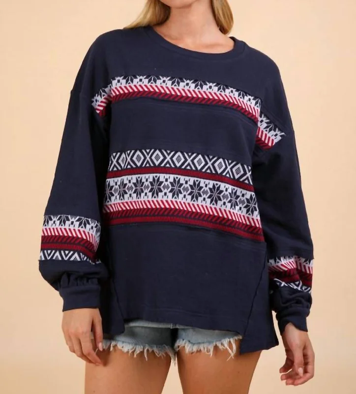 Mega Sale Oversized Printed Knit Contrast Knit Top In Navy