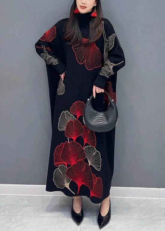 Imeless Style Classy Black Turtleneck Print Cotton Knit Long Dress Long Sleeve