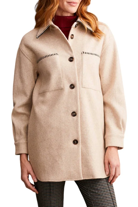 Huge Markdowns Button-Up Coat With Blanket Stitching In Tan